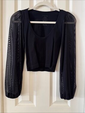 Black Puff-Sleeve Mesh Long-Sleeve Crop Top by